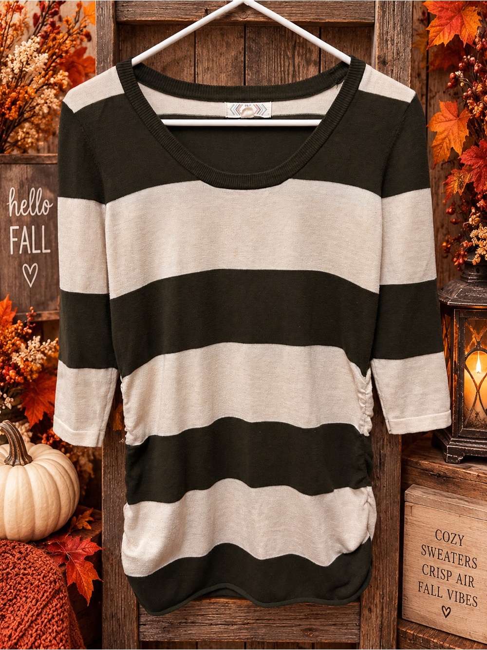 Striped Scoop Neck Knit Top in Olive and Cream